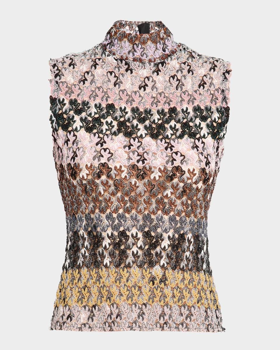 Mock-Neck Stripe Embroidered Sleeveless Top